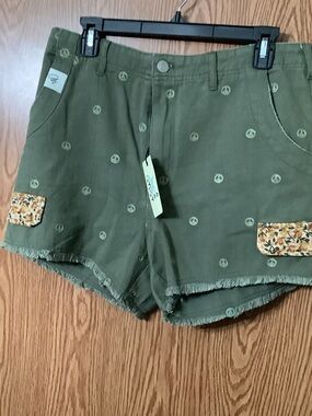 Jaded gypsy Women’s Olive Green Printed Jean Shorts with Floral Accents